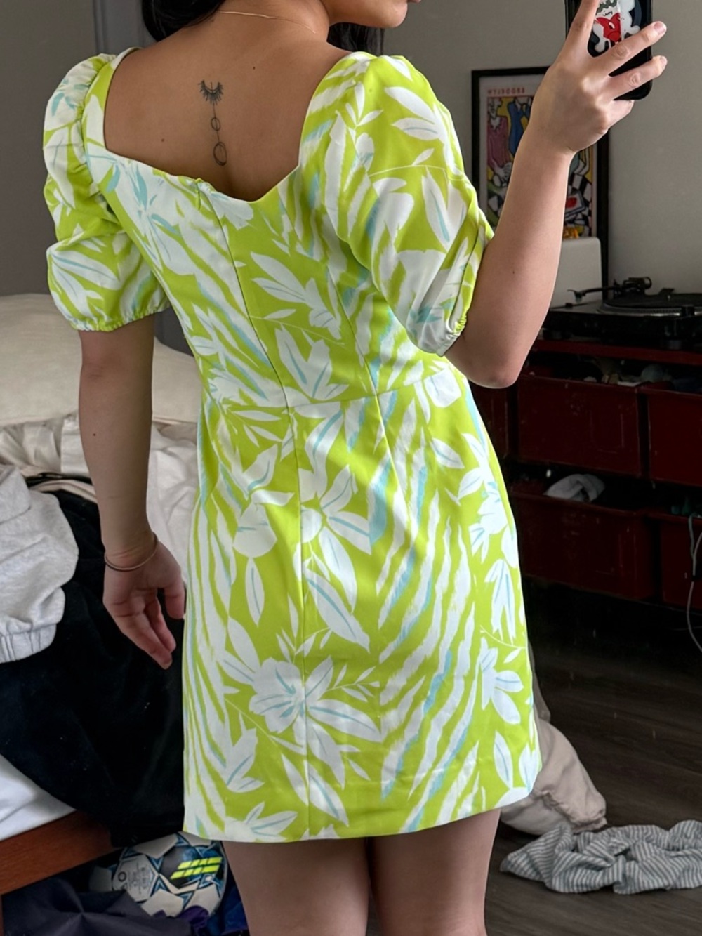 French Connection Lime Green Floral Puff-Sleeve Mini Dress - Picture 4 of 4